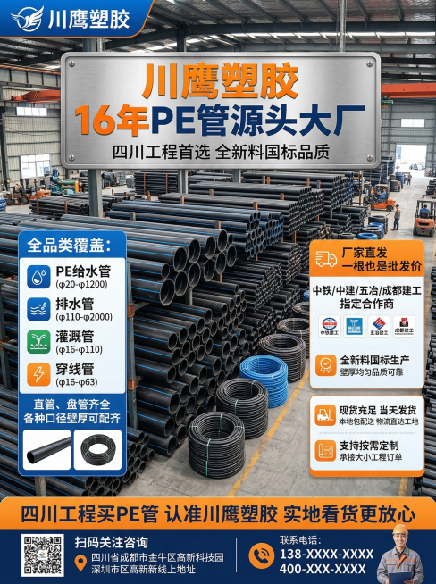 四川PE管厂家宣传海报，整体为工业风，画面中心展示大量堆放在仓库的PE管现货，旁边标注"川鹰塑胶 16年PE管源头大厂"，左侧列示全品类覆盖：PE给水管、排水管、灌溉管、穿线管，直管盘管齐全，各种口径预览效果