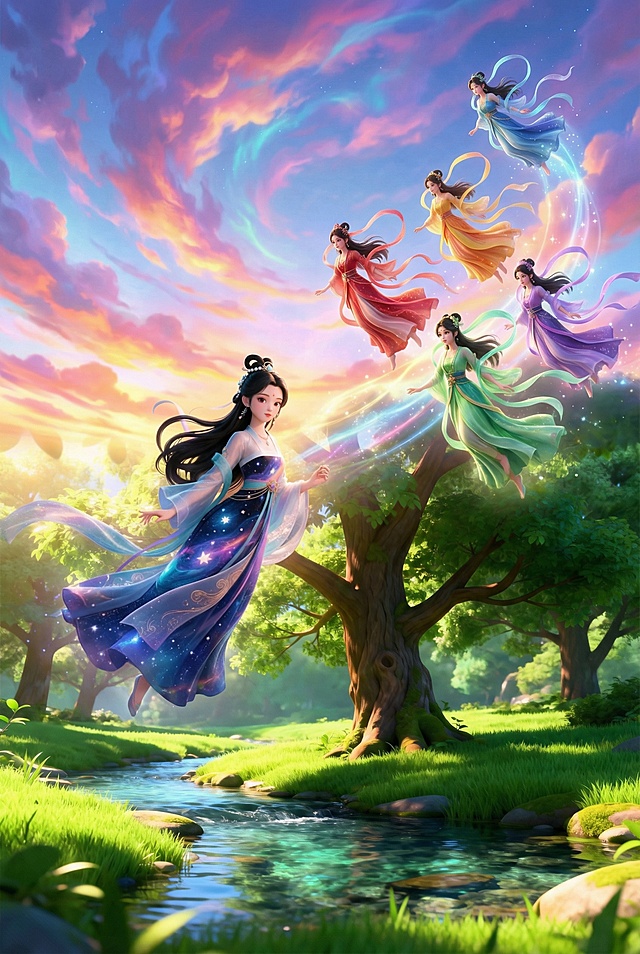 图为背景，从溪流视角仰视天空，七位身着彩色飘逸仙衣的仙女从彩霞中降下，飞向森林湖泊，为首的是织女（图二把气球去掉），空灵美丽，动态下降感，3D奇幻动画。