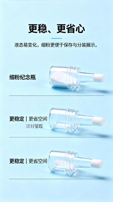 简约实用风格页面，浅蓝底色，标题“更稳、更省心”，副文案“液态易变化，细粉更便于保存与分装展示。”，下方分三点展示“更稳定｜更省空间｜更好呈现”，画面呈现细粉纪念瓶与液态样本的对比元素预览效果