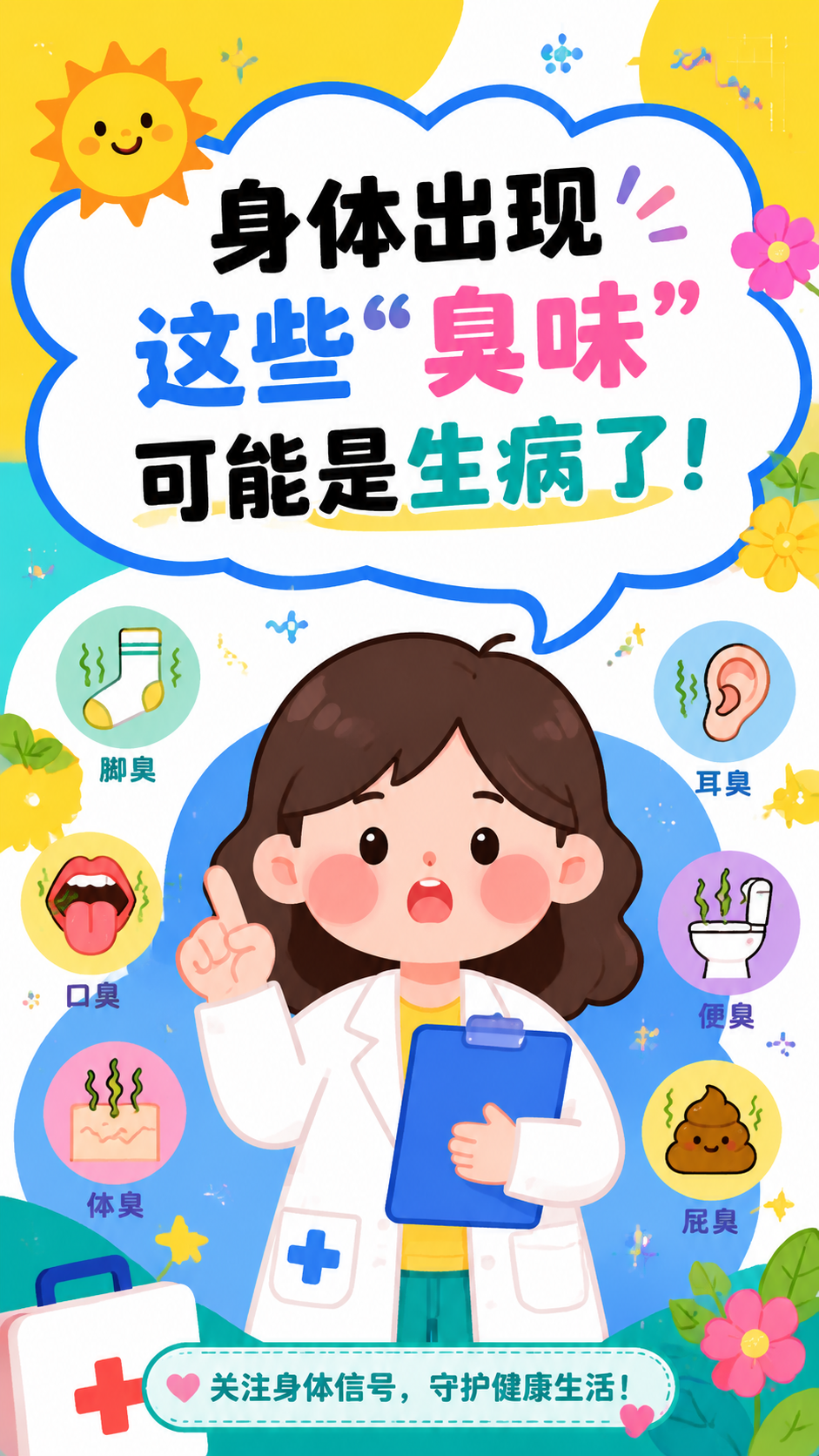 社群健康科普海报，文字内容为"身体出现这些“臭味” 可能是生病… - 图片创意预览