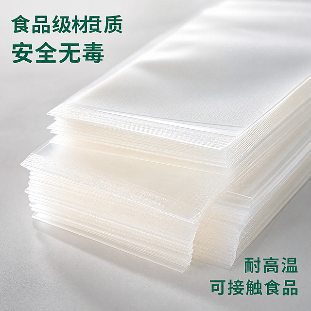 [主图-3] 透明食品真空袋材质细节安全展示图。
[氛围风格] 专业可信，突出材质纯净和品质感。
[画质] 商业摄影质感、光线柔和通透、产品清晰真实、画面干净高级。
[元素] 侧逆光拍摄，放大展示真空袋的透明边角和材质细节，展现材质清透纯净的质感。保持真空袋材质特征与输入产品图绝对一致，杜绝任何变形和色差，精细化处理。商品主体占比控制在70%左右。画面满屏无边框。
[光影] 侧逆光穿透透明材质，突出材质清透感，光线柔和干净，细节纹理清晰可见。
[配色] 背景浅灰色调，突出透明材质本身，文字用深绿色。
[视角构图] 局部微距特写，突出材质细节，景深适中，纹理清晰。
[文字版式] 左上角主标题"食品级材质 安全无毒"，右下角标注"耐高温 可接触食品"，文字简洁，不遮挡核心细节区域，对比清晰可读。
[比例分辨率] 1:1 比例，4k 分辨率；文字清晰可辨，超高清。
[负向提示词] 变形，水印，文字错乱，产品图模糊，背景杂乱。