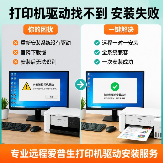 [主图-2] 远程安装解决驱动问题痛点对比图。
[氛围风格] 专业可信，痛点清晰，风格配色与首图统一。
[画质] 商业设计质感，文字清晰，画面干净通透，2K分辨率。
[元素] 左右分栏对比布局，左侧展预览效果