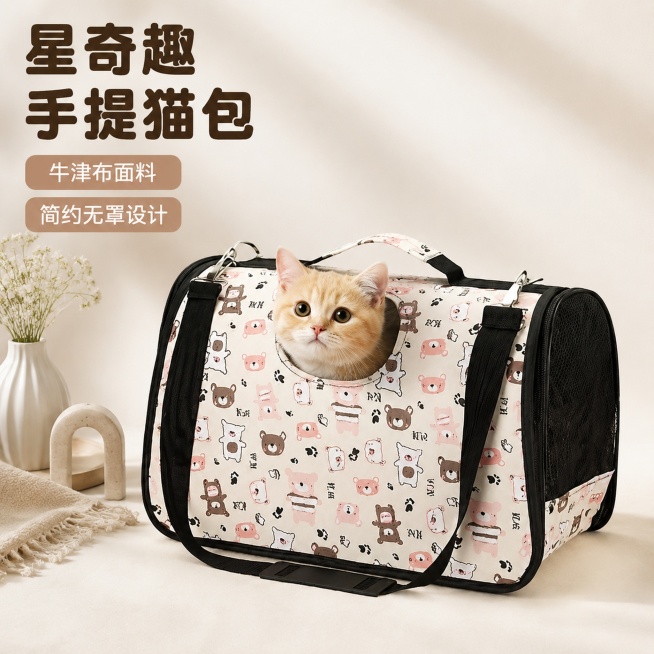 「图片1」，生成一套主图（2张），商品名称是星奇趣手提猫包
，卖点是牛津布、无罩，适配淘宝/天猫平台，主图比例为1:1预览效果