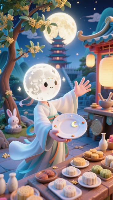 月亮拟人（脸上圆月轮廓，星辰纹路，有五官穿月白色广袖汉服造型灵动）在月宫桂树旁设摊，左手端着一个嵌有小月亮装饰的空盘子冲向镜头伸手，右手向后，双手纵向打开形成动态感，盘子为视觉中心焦点正对镜头。摊位上预览效果