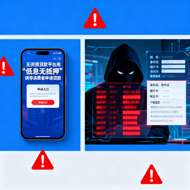 蓝色为主色调，左侧手机屏幕画面：无资质贷款平台用"低息无抵押"诱导消费者申请贷款，弹窗显示申请入口；右侧画面：黑客背景显示个人信息被窃取，包含姓名、身份证、银行卡信息等数据被盗走，整体警示风格，蓝色主预览效果