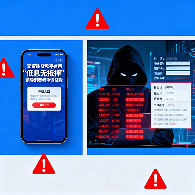 蓝色为主色调，左侧手机屏幕画面：无资质贷款平台用"低息无抵押"诱导消费者申请贷款，弹窗显示申请入口；右侧画面：黑客背景显示个人信息被窃取，包含姓名、身份证、银行卡信息等数据被盗走，整体警示风格，蓝色主调搭配红色警示元素