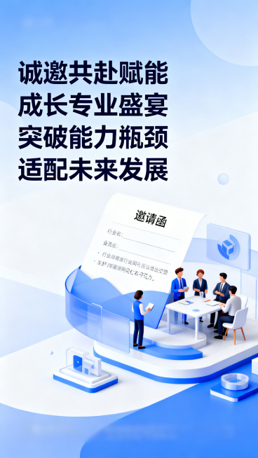 专利流程培训班邀请邀约宣传海报，温暖专业风格，主色调为蓝白渐变，核心文字"诚邀共赴赋能成长专业盛宴 突破能力瓶颈 适配未来发展"，搭配邀请函、行业交流的简约视觉元素，风格友好有号召力，适合向行业同仁发预览效果