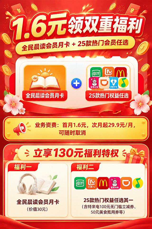 修改页面中两处权益图标区域，将图标替换为热门品牌logo，其他所有内容保持不变：

1. 上方“25款热门权益任选”卡片内的堆叠小图标：替换为爱奇艺、芒果TV、麦当劳、蜜雪冰城、滴滴打车、特来电、QQ音乐的品牌logo图标，保持堆叠错落的视觉效果

2. 下方福利二区域的图标：将现有特来电、美食、咖啡、播放等图标替换为爱奇艺、芒果TV、麦当劳、蜜雪冰城、滴滴打车、QQ音乐的品牌logo图标，保持排列布局和数量不变

其他所有文字、布局、颜色、背景完全保持原样不动。