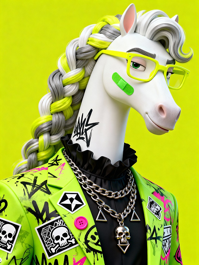 创作一幅潮流街头风的拟人化白马半身插画：主体为拟人化白马（白色皮肤，极长脖子，鬃毛是灰、白、荧光黄三色编发卷发造型），面部戴荧光黄粗框眼镜，脸颊贴绿色创可贴，颈部有黑色抽象涂鸦纹身；穿搭为荧光绿涂鸦满印西装（装饰黑白色潮流贴纸、粉色纽扣），内搭黑色褶皱衣，叠戴多层金属链条（含骷髅、几何造型吊坠）；整体有轻微质感纹路，动作行为是白马呈侧头蔑视的放松姿态（半睁眼看镜头，迪士尼人物表情，微抬嘴角）；场景设定为纯荧光黄高饱和背景；风格参考是 3D 潮玩拟人 + 街头涂鸦风格，兼具精致塑料质感与潮流朋克氛围；色调色彩以荧光黄、荧光绿为主，搭配黑、白、粉、绿（装饰细节）；构图视角为纵向近景构图，白马占据画面核心区域；细节补充包括：鬃毛编发纹理清晰，西装涂鸦与贴纸图案丰富且层次分明，金属饰品带冷硬光泽，整体呈现潮流街头风的拟人化白马 3D 插画。