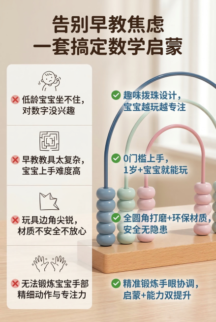 严格还原上传产品图细节，保持三档阶梯式拱形滑杆不变，每根滑杆10颗圆形算珠，实木立式底座不变，保留雾霾蓝、浅豆绿、柔粉色原马卡龙配色，弧形彩虹造型全部细节保留，保持天然实木哑光质感、金属滑杆细腻包漆质预览效果