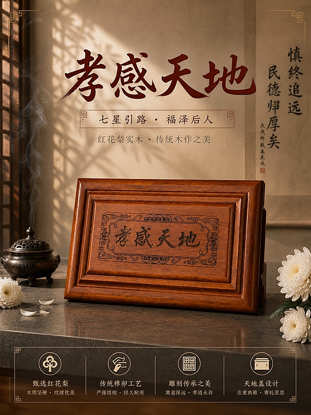 [商品] 使用【图2】红花梨实木骨灰盒正面图；保留整体结构、'孝感天地'雕刻文字、回纹边框、红花梨木色与纹理、天地盖造型、层叠线条；产品为殡葬纪念用品，摆放端正庄重。
[画面] 首屏主视觉海报，产品居中偏下，占画面约55%，正面微仰视角度，展现庄重典雅气质。背景为新中式禅意空间，左侧有木格栅窗影，右侧有书法卷轴，前景有白菊花与古铜香炉点缀，暖光从侧上方洒落，营造肃穆温馨的追思氛围。
[视觉] 套系策略：风格=新中式禅意商业摄影风；标题字=宋体/书法体粗衬线；正文字=简洁宋体；主色=红花梨暖棕红；背景延展=暖米灰渐变墙面、深灰石质台面、同色系深浅层次；强调色=暗金色，仅用于小面积装饰线和重点标签；标题色=深棕红；正文色=暖深灰；组件=细线分隔、中式回纹装饰角、简洁信息卡；光影=右前侧暖柔光，柔和树影斑驳。
[文字] 上方居中主标题'孝感天地'（大字书法体），副标题'七星引路 · 福泽后人'，下方小字'红花梨实木 · 传统木作之美'；文字不遮挡产品主体雕刻区域。
[规格] 图片比例3:4竖版，4K分辨率，避免变形、错字、冷蓝背景、产品颜色偏差、现代感过强元素。
