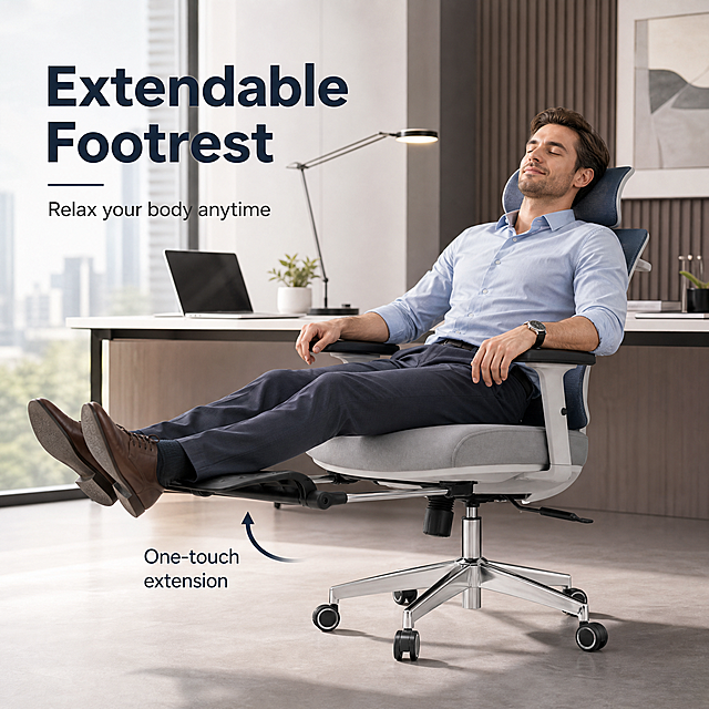 [Main Image 3] Extendable footrest function display. Keep the product appearance (physical structure, material texture, color) completely consistent with the input product image, eliminate any deformation and color difference. The picture shows the office chair with the footrest fully extended, the chair back adjusted to a reclining position, showing the reclining and resting function. A male model puts his legs flat on the footrest, demonstrating the comfortable use state. On the left side, add the main title "Extendable Footrest" in large bold letters, and the subtitle "Relax your body anytime" in small letters. Use the arrow to point to the footrest part, with the label "One-touch extension". The picture is full screen without border, consistent with modern office style, all text is in English, no Chinese. Lighting: Soft and bright indoor light, natural shadow, clear picture. Proportion resolution: 1:1 ratio, 2048x2048 pixels, 2K resolution. Negative prompt: Deformation, watermark, text confusion, product picture blurred, messy background, Chinese characters.