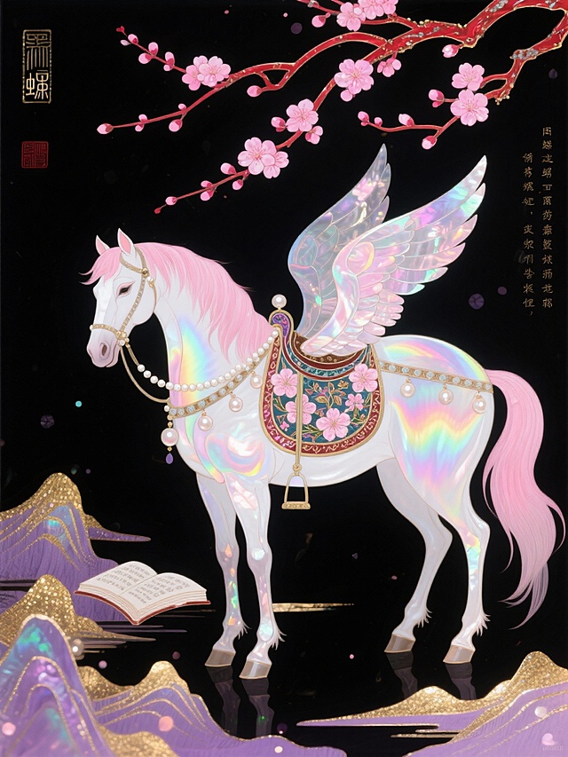 主体是饰有刺绣海棠鞍具与珍珠缰绳的粉白渐变仙螺钿漆画马（毛发从粉到白晕染，生有半透明薄翼，呈静立沉思姿态，羽翼泛淡粉微光）。背景为黑色基底，意识流红梅枝桠扭曲向上，花瓣飘散成粉色星点，悬浮的国风书卷解离成文字光斑，金色山水轮廓，温柔又迷幻，搭配淡紫迷雾与。