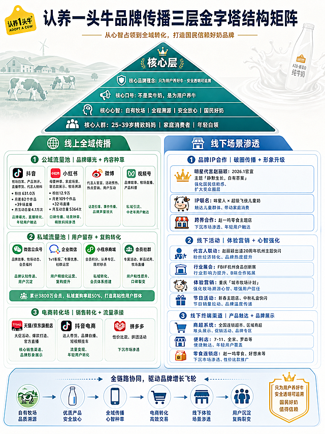 制作认养一头牛品牌传播三层金字塔结构矩阵信息图，整体为三层金字塔从上到下排列。最顶端核心层写核心品牌理念：只为用户养好牛 · 安全透明可追溯，核心口号：不是卖牛奶，是为用户养牛，核心心智：自有牧场、全程溯源、安全放心、国民好奶，核心人群：25-39 岁精致妈妈、家庭消费者、年轻白领。第二层分为线上全域传播和线下场景渗透两大块。线上全域传播包含：1.公域流量池（品牌曝光 + 内容种草），包含平台：抖音（牧场日常、产品测评、直播带货、代言人物料，粉丝 631.0 万 月更 82 个作品 + 39 场直播 月互动总量 4.1 万次，品牌曝光、直播转化、年轻用户触达）、小红书（母婴种草、家庭场景、联名款展示、牧场溯源，粉丝 12.9 万 月更 109 个作品 + 32 场直播 月互动总量 5364 次，口碑传播、场景种草、精致妈妈渗透）、微博（代言人官宣、活动预热、热点营销、用户互动，话题引爆、事件传播、品牌声量放大）、视频号（品牌故事、牧场直播、产品科普，私域引流、中老年用户触达）；2.私域流量池（用户留存 + 复购转化），包含渠道：微信公众号（品牌故事、牧场动态、会员福利，品牌认知传递、用户沉淀）、企业微信（1v1 客服、专属优惠、社群运营，用户精细化运营、复购提升）、小程序商城（会员积分、认养专区、限时秒杀，私域转化、会员体系搭建）、会员社群（专属活动、新品试用、牧场直播，用户粘性提升、口碑裂变，累计 3800 万会员，私域复购率超 50%，打造高粘性用户群体）；3.电商转化场（销售转化 + 流量承接），包含平台：天猫 / 京东旗舰店（大促活动、爆款打造、官方直播，核心销售渠道、品牌形象展示）、抖音电商（达人带货、品牌自播、短视频挂车，流量变现、年轻用户转化）、拼多多（性价比款、拼团活动，下沉市场渗透）。线下场景渗透包含：1.品牌 IP 合作（破圈传播 + 形象升级）：明星代言赵丽颖（2026.1 官宣，主题：静默生长，自有答案，强化国民信赖感、扩大受众圈层）、IP联名哞星人 × 超级飞侠儿童奶（触达儿童群体、带动家庭消费）、跨界合作赵一鸣零食主题店（下沉市场渗透、年轻用户触达）；2.线下活动（体验营销 + 心智强化）：代言人联动赵丽颖出道 20 周年杭州主题快闪（粉丝经济转化、品牌热度提升）、行业展会FBIF 杭州食品创新展（行业影响力提升、B 端合作拓展）、体验营销重庆「城市牧场计划」（强化牧场溯源心智、增强用户信任）、节日活动新春主题店、中秋礼盒快闪（节日销量拉动、品牌温度传递）；3.线下终端渠道（产品触达 + 品牌展示）：商超系统（全国连锁超市、区域商超，堆头展示、促销活动、品牌专区）、便利店（7-11、全家、罗森等，便捷触达、年轻用户覆盖）、零食连锁店（赵一鸣零食、好想来等，下沉市场渗透、性价比款推广）。整体风格清晰商务，信息排版整齐，使用蓝绿色为主色调搭配浅色背景，所有文字清晰可见，结构层级分明。