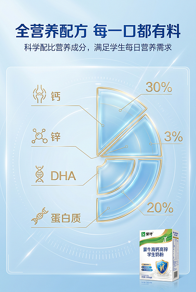 2:3 竖版电商详情页，蓝金轻奢科技风，杂志级营养表排版，背景为浅蓝渐变底纹，画面中央用金色可视化图表展示产品核心营养成分占比（钙、锌、DHA、蛋白质等），搭配极简营养图标；画面上方放置主标题 "全营养配方 每一口都有料"，加粗深蓝色无衬线字体；副标题 "科学配比营养成分，满足学生每日营养需求"，白色细体无衬线字体；画面角落放置蒙牛高钙高锌学生奶粉产品袋小图，严格还原包装细节，整体信息清晰，设计感强，高级简洁。