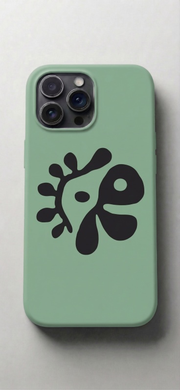 去除手机壳上的光影效果，让手机壳颜色均匀平整，呈现哑光纯色效果，保持#88b191的绿色和黑色图案不变，背景保持现有商业风格预览效果