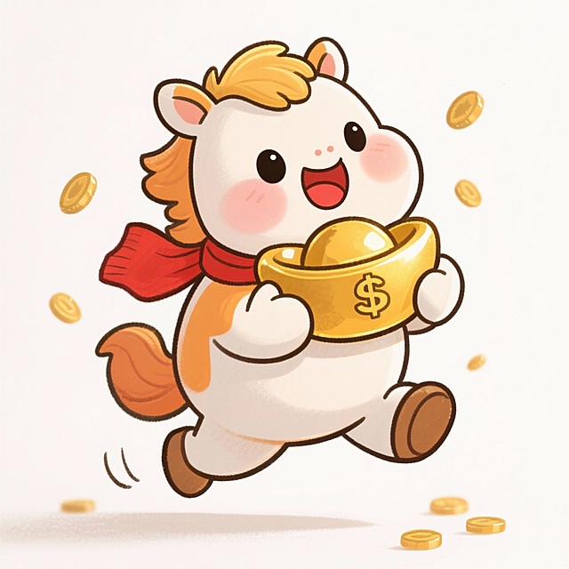 Q版手绘风格，超萌可爱，厚涂质感，柔和的蜡笔色彩，温暖明亮色调，一只胖乎乎的小马（福福），毛色橘黄与白色相间，大眼睛，额头有一撮金色刘海，系着红色围巾，四蹄腾空开心地跳跃，紧紧抱着一枚闪闪发光的大金元宝，眼睛变成$$符号，脸蛋红扑扑，背景有零星洒落的小金币，白色柔和背景，简洁构图，适合作为表情包使用。