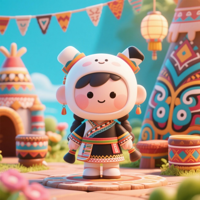 具有浓郁民族元素的3D场景，包含传统民族服饰、图腾纹样和装饰元素，整体风格软萌可爱，色彩明亮鲜艳，细节丰富高清，光线柔和预览效果