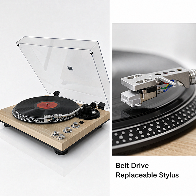 [Main Image 4] Core structure display of the belt drive turntable, highlighting the product craft. [Atmosphere Style] European American minimalist style, simple and high-end. [Picture Quality] Commercial photography texture, soft and transparent light, clear and real product, clean and advanced picture. [Elements] On the basis of maintaining the overall appearance of the product, focus on displaying the tonearm and needle assembly. The texture of the metal tonearm and the needle head are clearly visible. Keep the color and material of each component consistent with the original image, no deformation. The picture uses Bento grid layout, the left is the overall product, the right is the close-up of the needle part, the layout is clear, the picture is full screen without border. [Light and Shadow] Soft side light, highlight the details of the metal structure, clear texture, natural light and shadow transition. [Color Matching] Main color is light wood color, with black, metal silver, layered color. [Perspective Composition] Left side overall perspective, right side close-up focus, dual perspective presentation. [Text Layout] Below the close-up box, mark with English "Belt Drive
Replaceable Stylus", clear font, moderate size, clear identification. In line with Amazon cross-border platform specifications. [Proportional Resolution] 1:1 ratio, 2048px * 2048px, 2K resolution, ultra high definition. [Negative Prompt] Deformation, watermark, text confusion, blurred product picture, messy background.