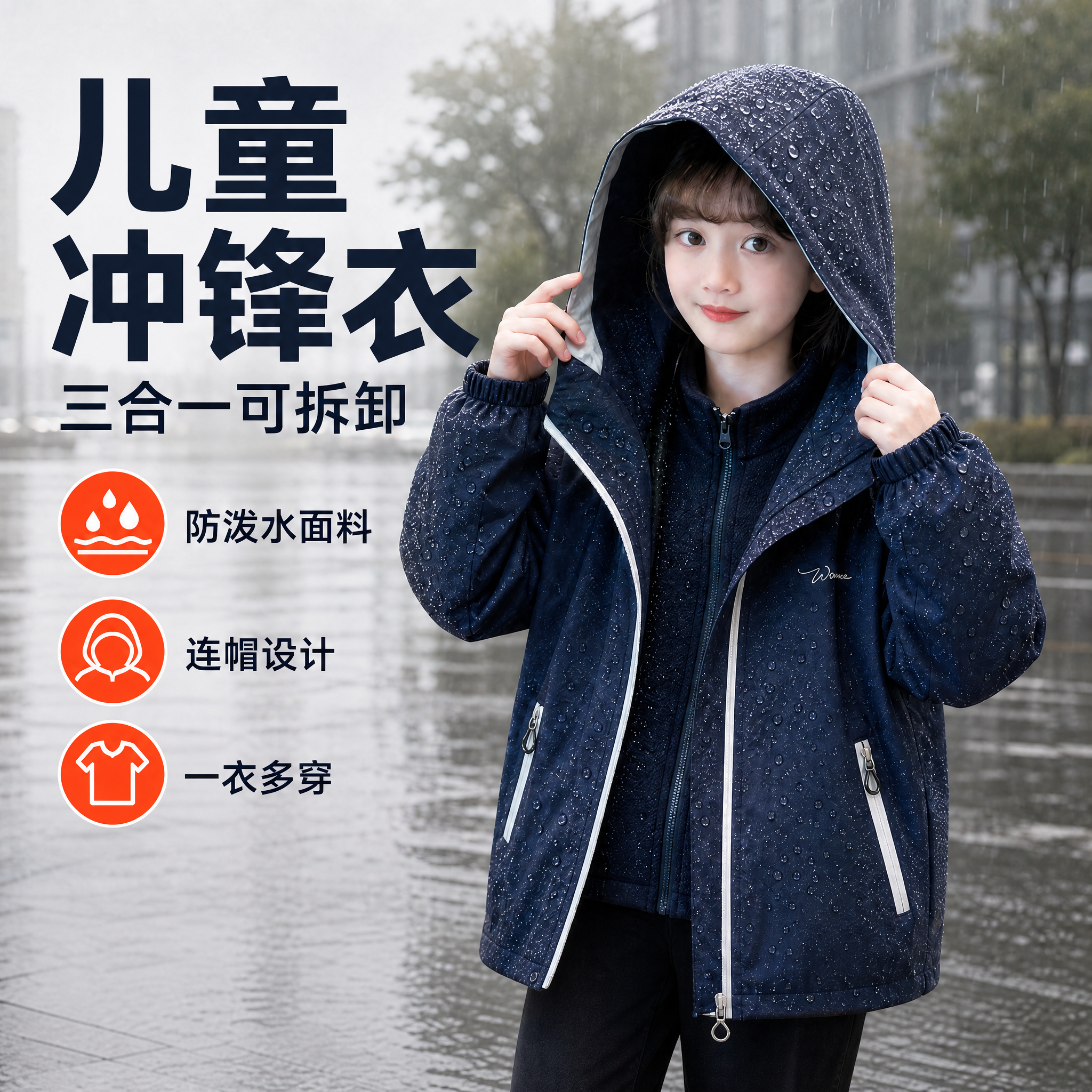 修改这张儿童冲锋衣主图的文字内容，其它画面元素保持不变：1.… - 图片创意预览