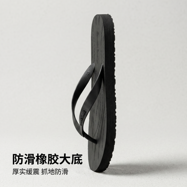 [主图 3] 男士人字拖侧剖面细节展示
[氛围风格] 专业品质感 简约户外风
[画质] 商业摄影质感、光线柔和通透、产品清晰真实、画面干净高级
[元素] 单只男士人字拖侧立支撑，展示侧面厚度和防滑橡胶预览效果