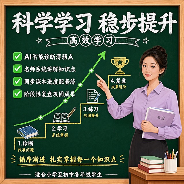 [主图-2] 学习目标与课程价值，展示课程如何帮助学生系统提升学习效率，清晰呈现学习路径与收获。
[统一基调] 深墨绿色黑板背景配浅木色边框，粉笔质感白色大字标题，绿色对勾图标点缀，整体风格专业可信又有课堂氛围，拼多多风格大字醒目、信息直白，主标题粗大白底粉笔字，副标题浅黄小字，强调色为亮绿色。
[画面] 画面采用左右分栏构图。左侧为学习收获展示区，画有向上的成长曲线和阶梯图形，用彩色粉笔绘制，旁边配有书本、铅笔、奖杯等学习相关简笔画图标。右侧是一位女老师形象，35岁左右，盘发，穿浅紫色衬衫，手持教案站在讲台旁，手势为右手指向左侧曲线、左手自然下垂，表情耐心温和。黑板上方有"高效学习"四个粉笔字装饰。
[光影质感] 教室自然光，柔和均匀，黑板有轻微粉笔灰质感，人物光影自然。
[配色] 主背景深墨绿色，成长曲线亮绿色，阶梯黄色，主标题白色粉笔字，人物服装浅紫色，木框浅木色。
[文字版式] 顶部大标题"科学学习 稳步提升"白色粗体粉笔字。左侧曲线旁四个绿色对勾配白色文字："AI智能诊断薄弱点"、"名师系统讲解知识点"、"同步课本进度配套练"、"阶段性复盘巩固成果"。曲线下方黄色小字"循序渐进 扎实掌握每一个知识点"。底部一行白色小字"适合小学至初中各年级学生"。文字全部横排，层次分明。
[输出要求] 比例1:1，文字清晰锐利，人物形象完整不扭曲，画面干净无杂乱元素，无水印无平台Logo，无错字变形。禁止出现闲鱼、淘宝、拼多多等任何平台标识。