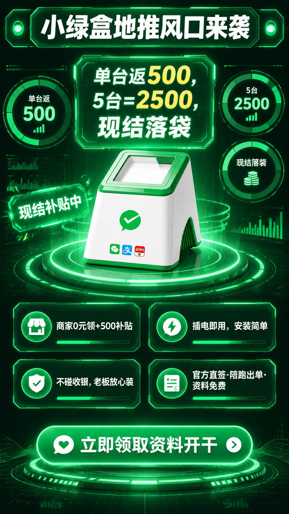 基于上传的小绿盒收款设备海报，生成全新排版的差异化版本。产品本… - 图片创意预览