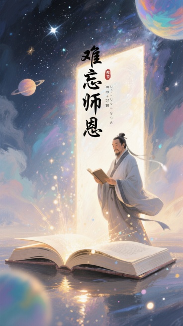 教师节海报，“难忘师恩” 书法字体，以打开的书为传送门的奇幻场景，一位古代的老师立于书旁，背景有星空和行星，风格梦幻预览效果