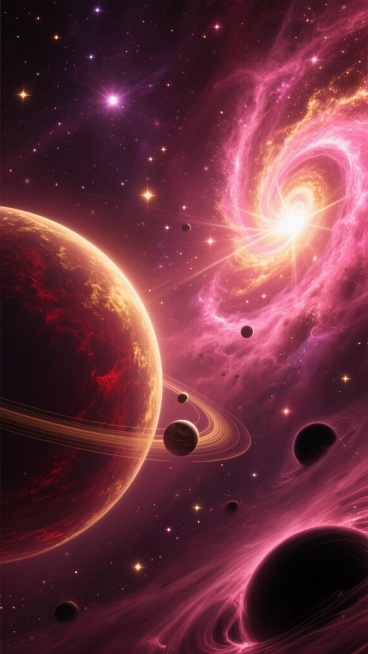 浩瀚深邃的宇宙星空场景，采用深邃的酒红色与暗紫色作为主色调，点缀明亮的金色与粉色星云，整体呈现出梦幻神秘的氛围。画面左侧有一颗巨大的行星，表面带有暗红色的纹理和金色的光晕，行星周围环绕着较小的卫星。右侧是螺旋状的星系，由明亮的粉色和金色星云组成，星系中心有强烈的光源向外辐射光芒。背景中布满了无数闪烁的星辰，大小不一，分布自然。画面中还有几个黑色的黑洞，周围有光线扭曲的效果。整体构图采用深远的空……预览效果