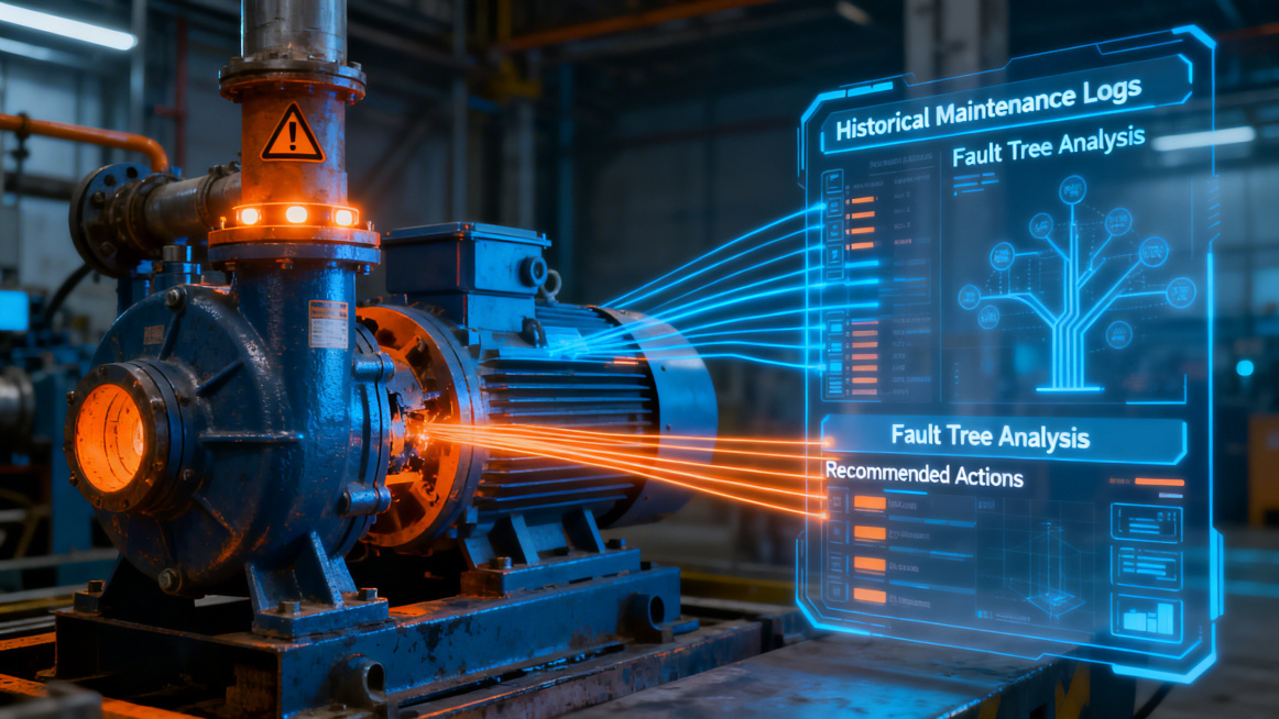 An AI diagnostic overlay visualizing over a malfunctioning industrial pump. On the left, the pump wi预览效果