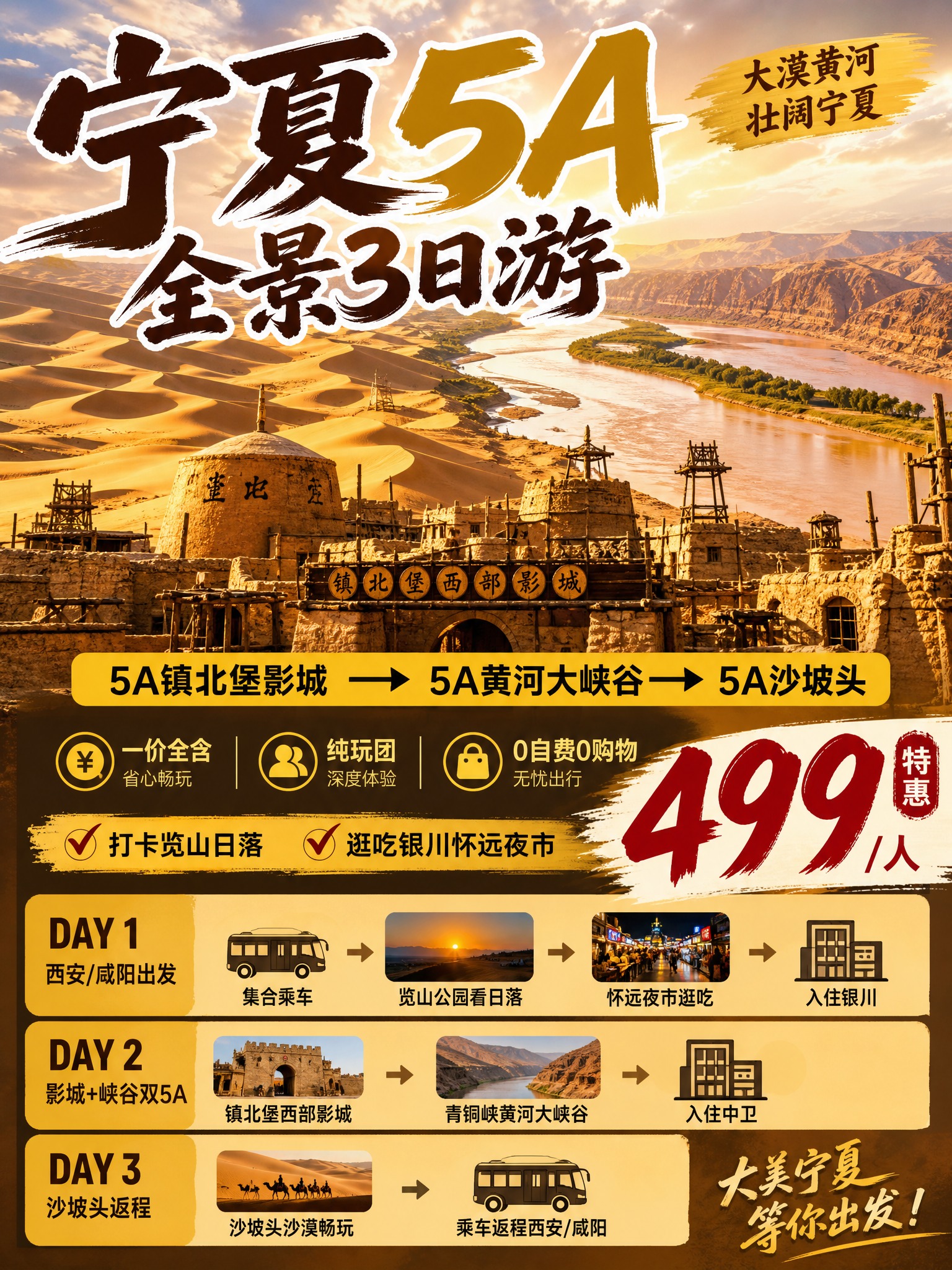 3:4竖版小红书旅游海报，宁夏5A全景3日游，大漠实景风格，信… - 图片创意预览