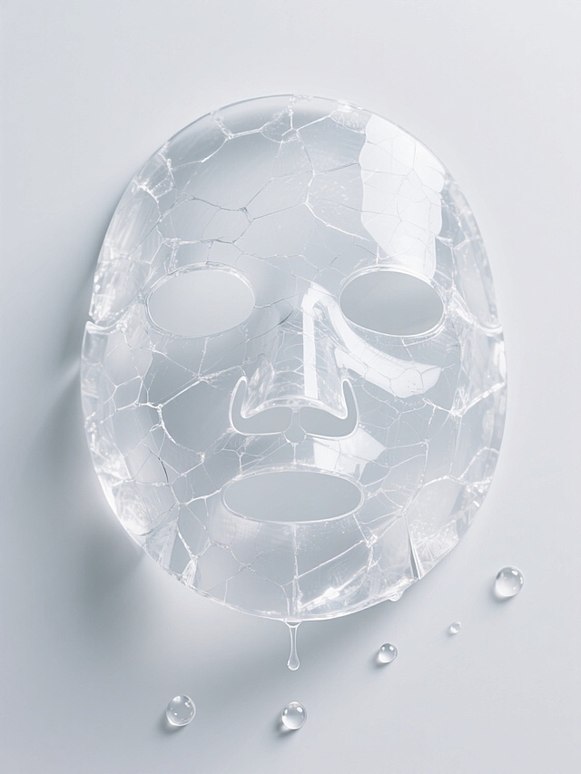 一张透明的水晶质感面膜，表面有细腻的冰裂纹理，呈现出半透明的银白色光泽。面膜的形状贴合人脸，有对称分布的眼洞、鼻洞和嘴洞，边缘光滑。面膜下方有几滴晶莹的水珠正在缓缓滴落，水珠透明且富有光泽。整个画面采用简约的构图，以纯白色为背景，突出面膜的纯净和立体感，营造出一种清冷、洁净的氛围。