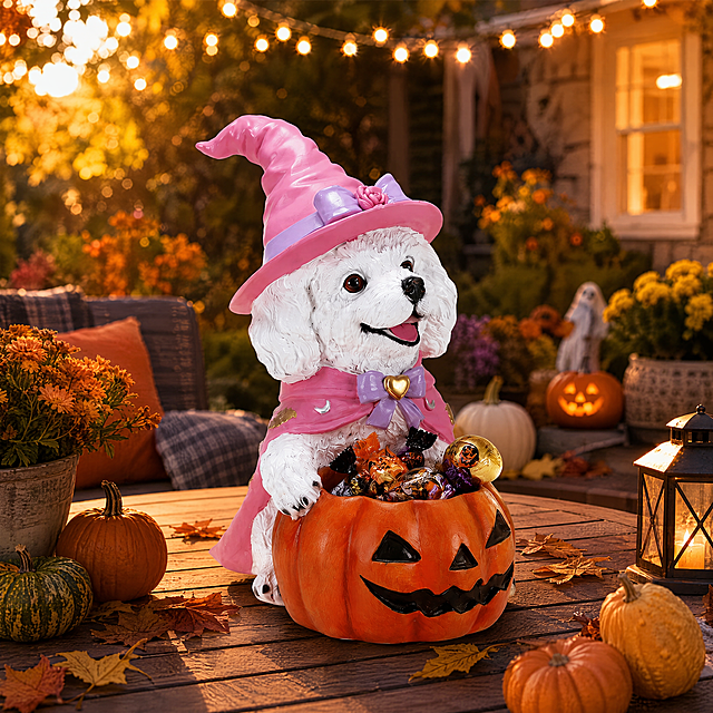 Amazon outdoor patio scene image, 1:1 square ratio. White puppy figurine with pink witch hat and cape holding jack-o'-lantern pumpkin candy bowl, placed on an outdoor patio table in a garden setting. Halloween outdoor atmosphere: string lights hanging above, autumn leaves scattered, small pumpkins and gourds around, potted Halloween plants in background, warm golden sunset lighting. The patio has wooden furniture, cozy outdoor decor. The product demonstrates weather-resistant outdoor use. Bright warm golden hour lighting, soft shadows, festive and inviting mood, not too dark. The product is the clear focal point, sharp and detailed. Premium commercial photography quality, realistic resin texture, high-end outdoor lifestyle feel. Balanced orange, purple and warm gold color palette, garden patio environment.