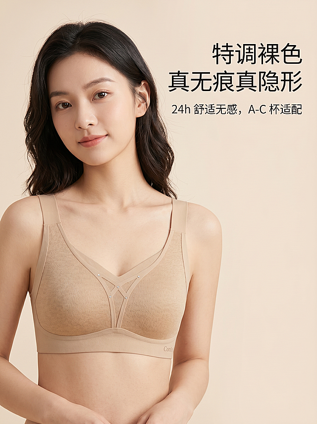 清新气质年轻东亚长发女模特，穿着裸色无痕细肩带内衣，自然放松姿态，展示内衣上身效果，浅暖米色纯色渐变背景，干净无冗余元素，整体风格简约高级电商主图，图文分区清晰，暖调低饱和裸色系，柔和干净，主标题："特调裸色 真无痕真隐形"，副标题："24h 舒适无感，A-C 杯适配"，氛围温柔亲肤，传递安心舒适感，轻奢简约风格。