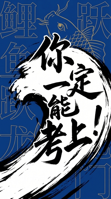 短视频封面，纯色画布背景，画面中心为书法体剪影文字“你一定能考上！”，排版形状具有冲击力，文字大小铺满匹配画布，背景添加金色线描的鲤鱼跃龙门暗色水印，水印大小与画布匹配预览效果