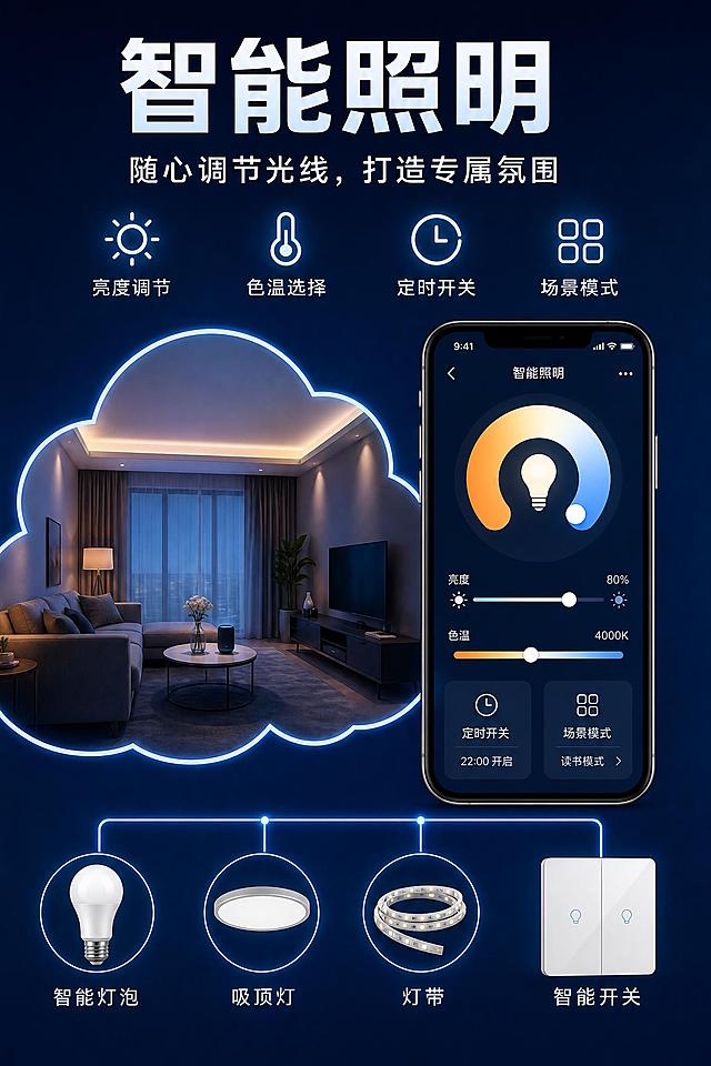 智能照明海报，深蓝色质感背景。顶部大标题"智能照明"，副标题"随心调节光线，打造专属氛围"。四个功能图标：亮度调节、色温选择、定时开关、场景模式，完全保持不变。左侧云朵形状内的客厅场景图完全不变。下方四个设备图标及连线：智能灯泡、吸顶灯、灯带保持不变，最右侧的智能开关替换为白色玻璃双开智能开关（带灯泡小图标，玻璃面板质感，双面板设计）。右侧手机和智能照明APP界面完全不变。整体布局、所有文字、颜色全部与原图一致，只更换智能开关图标