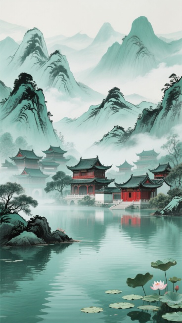 新中式风格山水画卷，以青绿色为主色调，搭配淡雅的墨色与点缀的朱砂红，展现宁静悠远的自然风光。画面中央是一组错落有致的传统中式宫殿建筑群，飞檐翘角，雕梁画栋，掩映在层叠的山峦之间。远处的山峰以写意的笔触勾勒，线条流畅飘逸，山间云雾缭绕，呈现出朦胧的意境。近处的水面波光粼粼，宫殿的倒影清晰可见，水面上点缀着几片荷叶与荷花，增添了生机与雅致。整体构图采用传统山水画的深远法，层次分明，意境空灵，营造出……预览效果