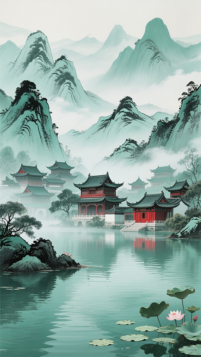 新中式风格山水画卷，以青绿色为主色调，搭配淡雅的墨色与点缀的朱砂红，展现宁静悠远的自然风光。画面中央是一组错落有致的传统中式宫殿建筑群，飞檐翘角，雕梁画栋，掩映在层叠的山峦之间。远处的山峰以写意的笔触勾勒，线条流畅飘逸，山间云雾缭绕，呈现出朦胧的意境。近处的水面波光粼粼，宫殿的倒影清晰可见，水面上点缀着几片荷叶与荷花，增添了生机与雅致。整体构图采用传统山水画的深远法，层次分明，意境空灵，营造出一种古朴典雅、宁静致远的东方美学氛围。