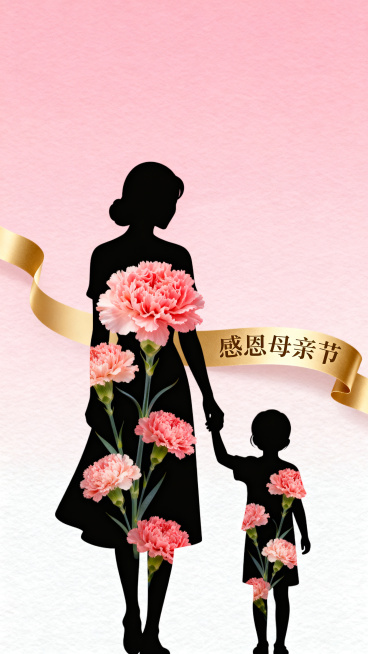 母亲节海报，剪影蒙版风格，画面以粉色为主色调，搭配金色和白色。中心是母亲牵着孩子手的背影剪影，剪影内部填充了盛开的康乃馨花朵图案。背景是柔和的渐变粉色，金色的丝带从画面左侧飘向右侧，丝带上写有“感恩母预览效果