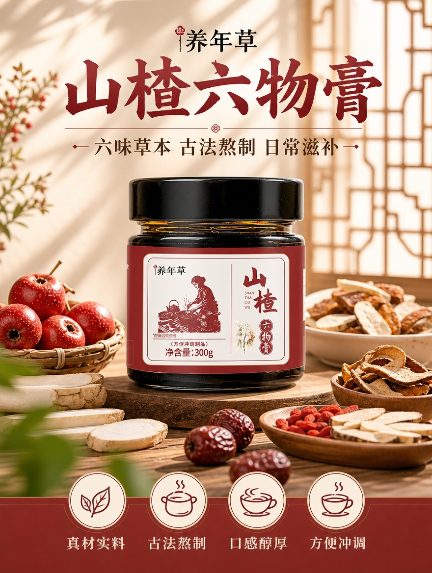[商品] 使用【图1】养年草山楂六物膏玻璃瓶产品；保留黑色瓶盖… - 图片创意预览