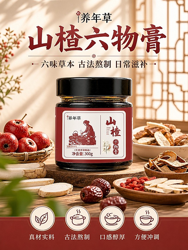 [商品] 使用【图1】养年草山楂六物膏玻璃瓶产品；保留黑色瓶盖、红色标签、白色底纹标签、"养年草"Logo、"山楂六物膏"书法字、人物熬膏插画、300g净含量文字、瓶身形状与玻璃材质；产品清晰完整，标签文字可辨识。
[画面] 第1张-主图海报型头图；目标：建立产品高端滋补第一印象；构图：上文下图，产品居中偏下，占画面约55%；产品放置在木质桌面上，周围点缀山楂、陈皮、山药片等原料；背景为中式窗棂+暖光虚化，前景有草本植物叶片虚化；阅读动线从上至下：顶部主标题→副标题→中部产品→底部卖点icon；前中后景层次分明（前景叶片、中景产品原料、后景窗棂虚化）。
[视觉] 套系策略：风格=新中式国风商业摄影，工工整整简洁大方；标题字=宋体/书法体粗衬线；正文字=简洁宋体；主色=暖棕红（参考图2红棕色系）；背景延展=基于暖棕红做深浅层级、米杏色底、木质纹理、中式窗棂格；强调色=深枣红，仅用于小面积图标、引线和标签；标题色=深枣红；正文色=深棕灰；组件=圆角米白底信息卡、细金线边框、中式圆形icon；光影=左前侧暖柔光，窗棂光影投射。
[文字] 顶部居中主标题「山楂六物膏」，副标题「六味草本 古法熬制 日常滋补」；底部4个圆形icon横排：真材实料、古法熬制、口感醇厚、方便冲调；文字区不遮挡产品主体标签；所有文字横排，字号移动端清晰可读。
[规格] 图片比例3:4竖版，4K分辨率，负向提示：避免变形、错字、文字过小、冷蓝背景、原料错误、瓶身标签文字错乱、医疗功效宣传。