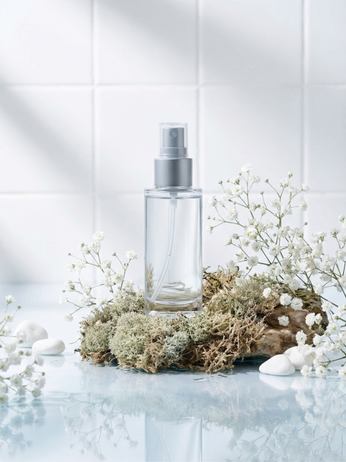 基于第一张图的构图：一个透明喷雾瓶置于青苔覆盖的石块上，周围有水面与植物。现按第二张图的风格重绘：整体配色改为白色、浅灰、淡蓝与原木色；喷雾瓶改为透明无色液体+银灰色泵头；花朵替换为白色小花簇（如满天预览效果