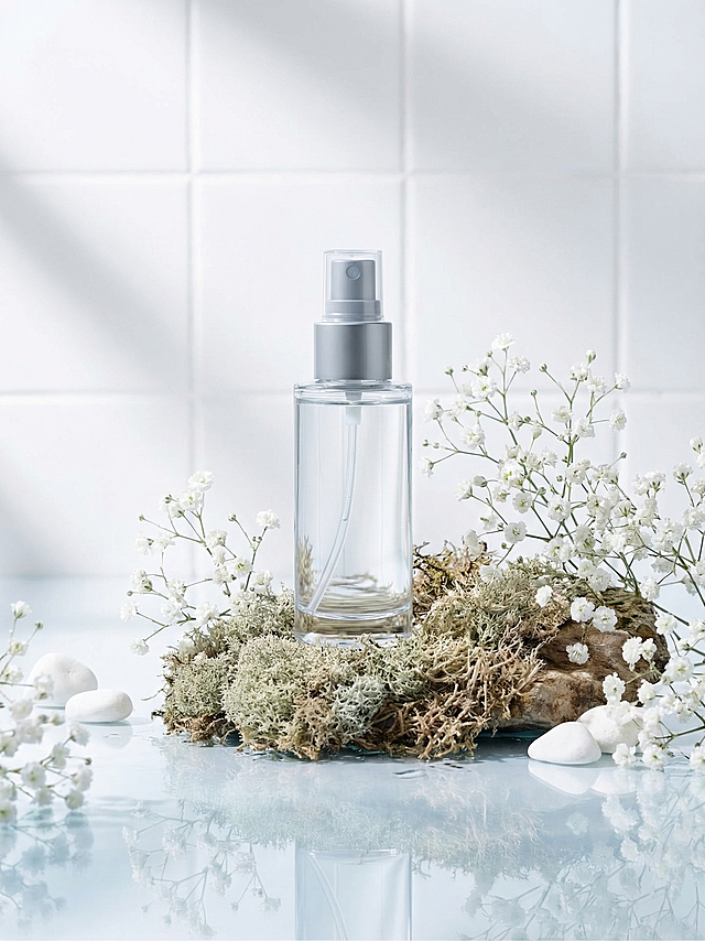 基于第一张图的构图：一个透明喷雾瓶置于青苔覆盖的石块上，周围有水面与植物。现按第二张图的风格重绘：整体配色改为白色、浅灰、淡蓝与原木色；喷雾瓶改为透明无色液体+银灰色泵头；花朵替换为白色小花簇（如满天星），分布在瓶身周围与背景；背景改为白色瓷砖墙面+柔和光影；水面保持清澈倒影；整体风格极简、干净、高质感摄影风。