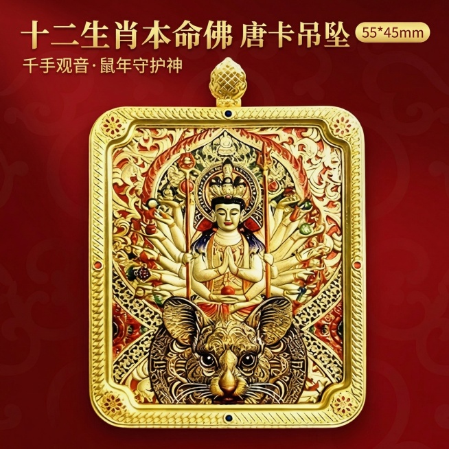 [主图 1] 十二生肖鼠年本命佛唐卡吊坠首图
[氛围/风格]：高端国风文玩，传统藏式唐卡艺术质感，精致复古，突出品质感
[画面元素]：保持原产品外观不变，生肖鼠千手观音唐卡吊坠居中展示，整体画面居中构预览效果