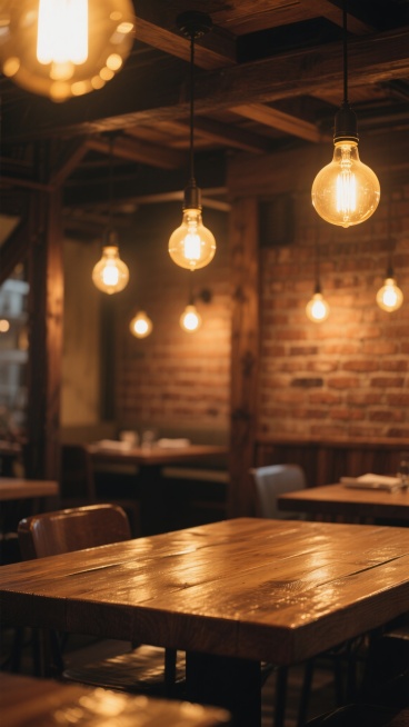 温暖复古的餐饮场景背景，木质桌面纹理清晰，表面有柔和的灯光反射，上方悬挂着数个暖黄色灯泡，灯光营造出温馨朦胧的氛围，背景是砖墙与木质结构的结合，整体色调为暖棕色与暗黄色，光线柔和且具有层次感，画面聚焦于桌面和灯光，背景适当虚化，营造出舒适惬意的用餐环境基调。预览效果