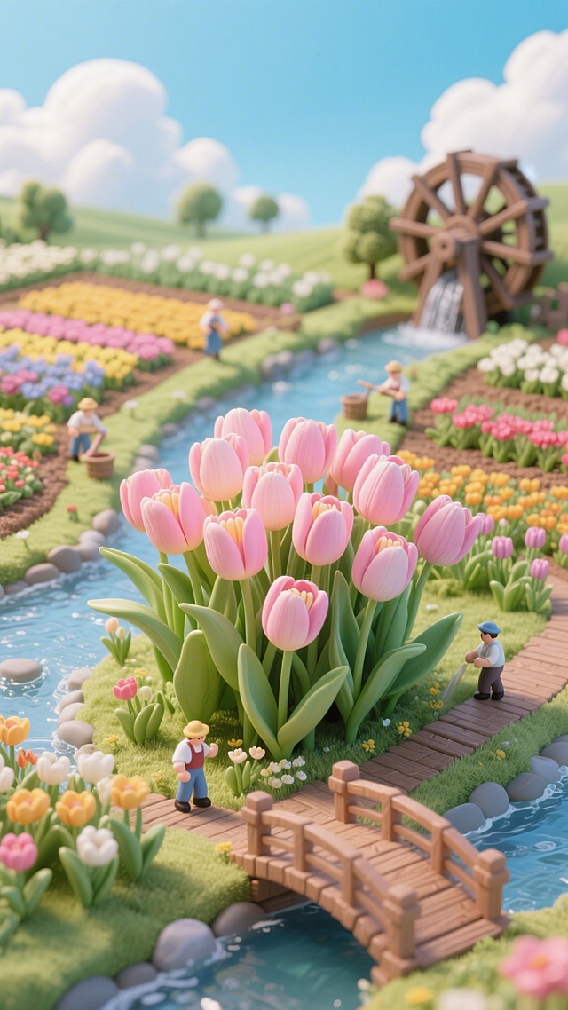 一大簇粉色郁金香作为视觉中心，小桥流水，栈道，远处有水车和农田种满了鲜花，农民，蓝天白云