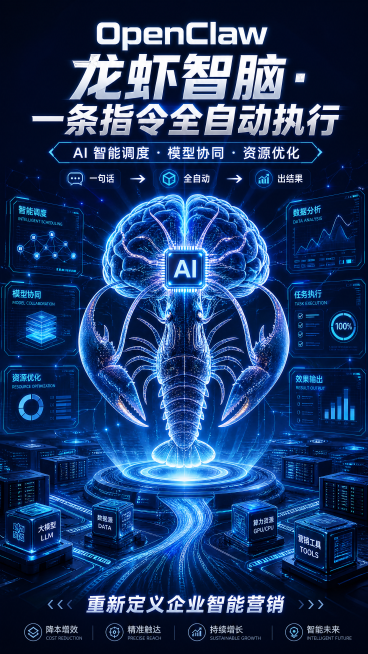 未来科技AI大脑海报，主文案："OpenClaw 龙虾智脑・一条指令全自动执行 AI 智能调度・模型协同・资源优化 一句话 → 全自动 → 出结果 重新定义企业智能营销"，机械科技光效，神经网络，全息预览效果