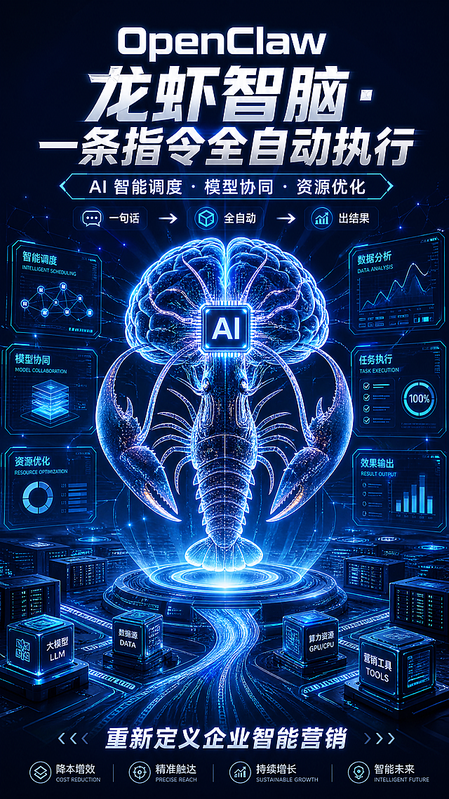 未来科技AI大脑海报，主文案："OpenClaw 龙虾智脑・一条指令全自动执行 AI 智能调度・模型协同・资源优化 一句话 → 全自动 → 出结果 重新定义企业智能营销"，机械科技光效，神经网络，全息投影效果，深蓝色科技风格，炫酷未来感，高清质感，商务科技风，竖版海报