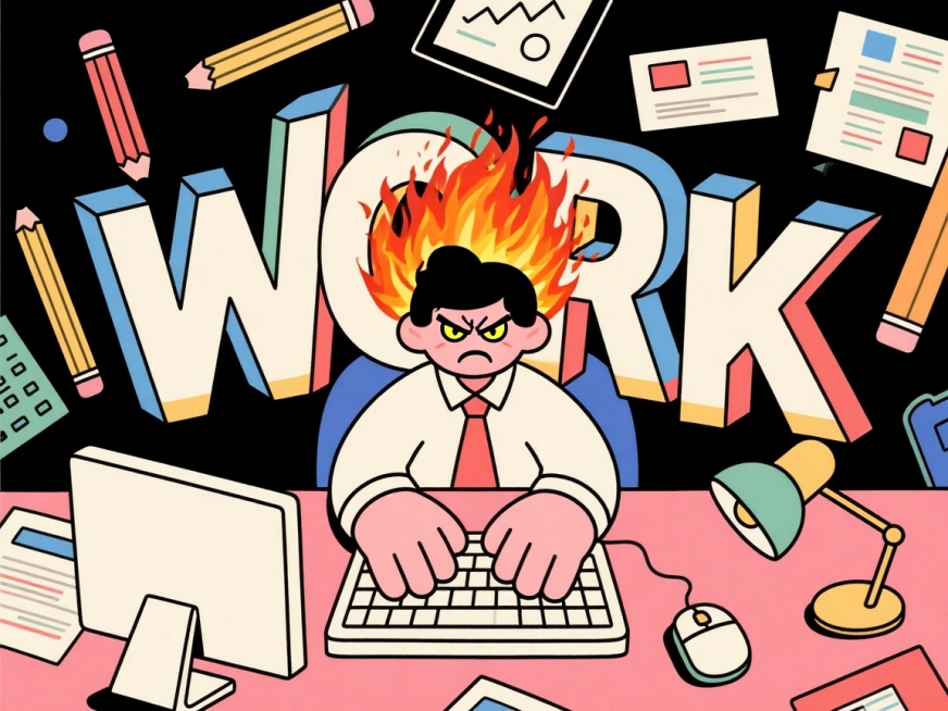 由字母“W”“O”“R”“K”组成的创意画面，字母造型独特且具有立体感，穿插办公职员形象：一个工作人员在电脑前专注打字，两只手紧握的特写位于画面中心，周围环绕铅笔、报表、电脑、台灯、鼠标等办公元素，元预览效果