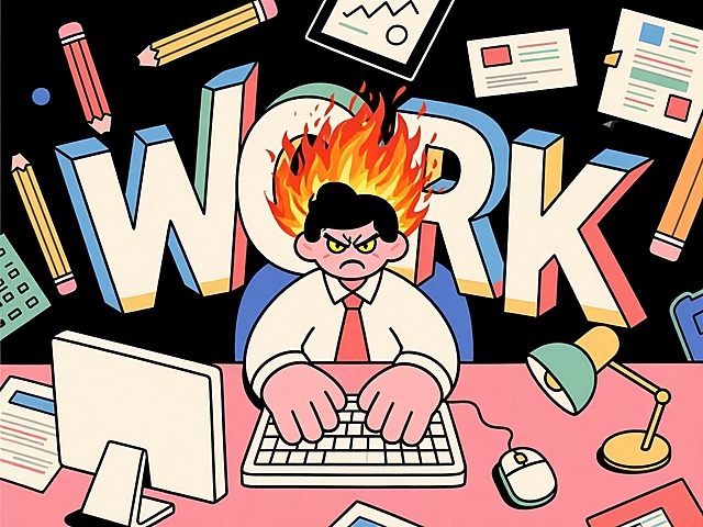 卡通感插画风，漫画风设计，表现工作压力大，头顶冒火，办公环境混乱。